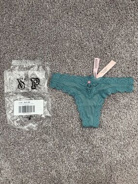 Victoria's Secret Teal Lace Thong with Pink Flower